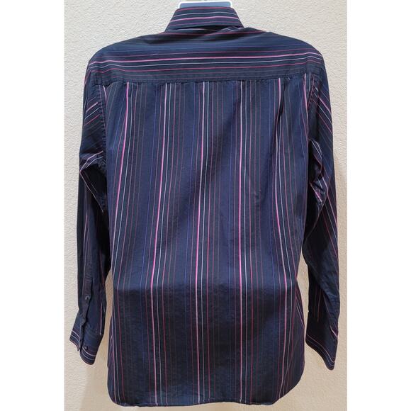 Emanuel Ungaro Black Pink Purple Striped Button Up Men's Shirt Large 100% Cotton - Picture 2 of 5
